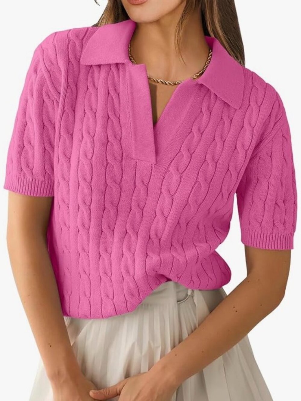 ANRABESS Short Sleeve Sweaters Tops Polo V Neck Cable Knit Casual Soft Pullover